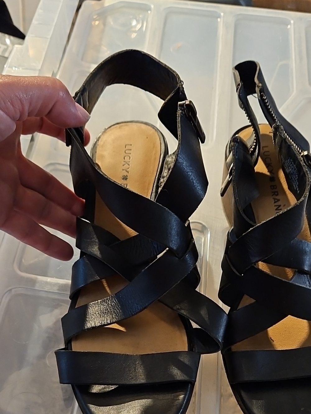 Lucky Brand Black Leather Crisscross Slingback Sandals Zipper Sides V45